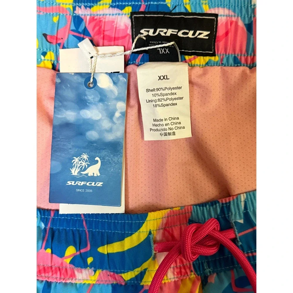 NWT SurfCuz Mens Flamingo Tropical Swim Trunks Blue Yellow XXL  5 Inseam